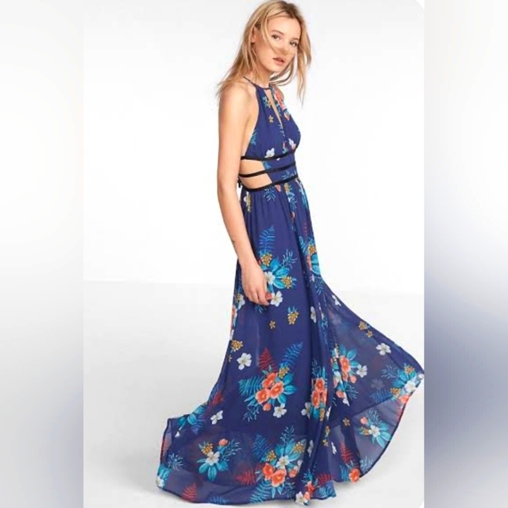 Express Floral Strappy Cut-Out Maxi Dress – Navy Tropical Print – Size Medium